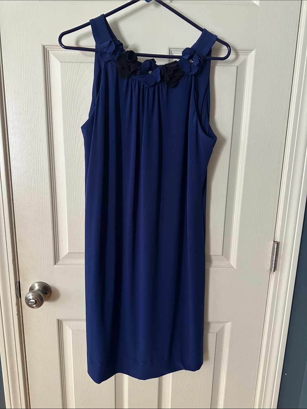 Dress Barn Royal Blue Sleeveless Floral Neckline Shift Dress